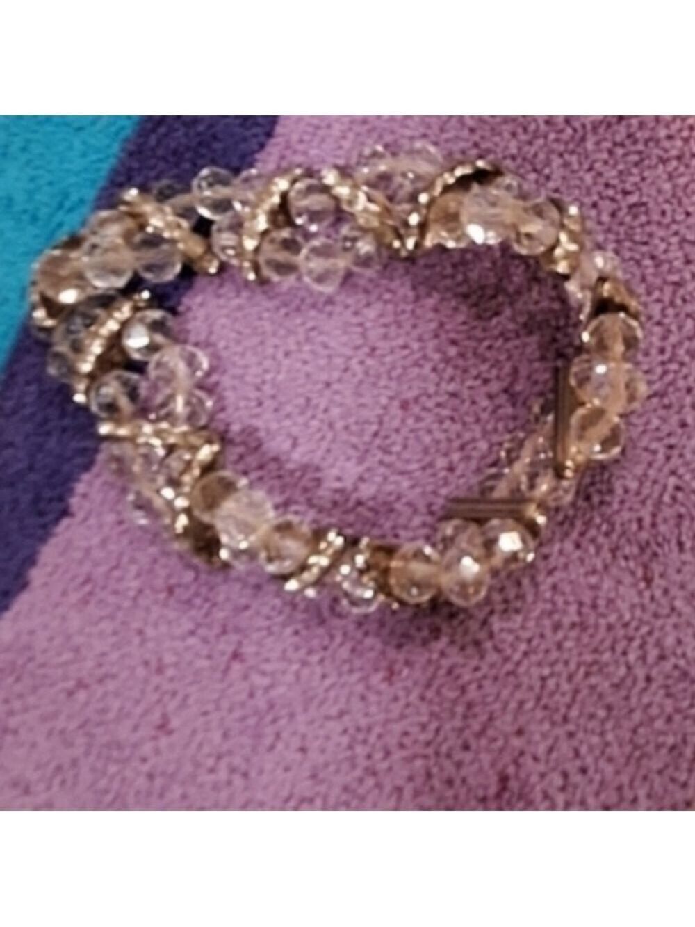 Clear Beaded Stretch Bracelet Silver Tone